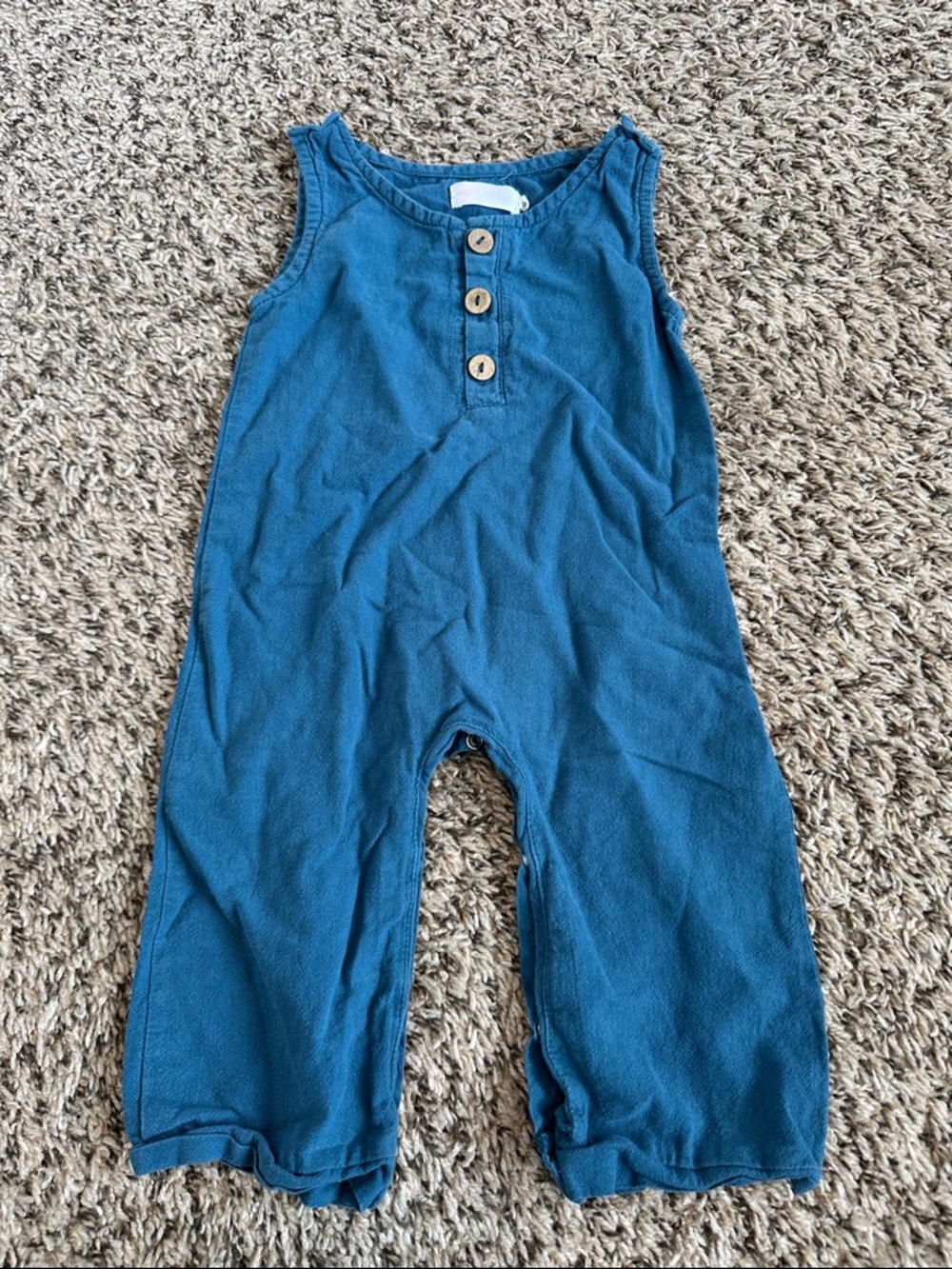 Blue Sleeveless Baby Romper with Wooden Buttons